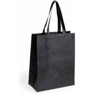 A black tote bag with two handles, featuring a simple and sleek design.