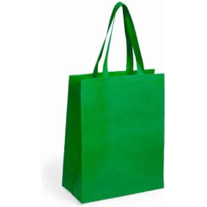 A green tote bag with two handles and a spacious rectangular design. It features a plain surface without logos.