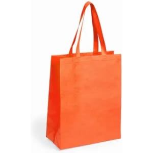 An orange tote bag with handles, featuring a simple design and a rectangular shape.