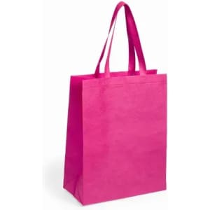 A pink reusable tote bag with two handles, featuring a simple design and sturdy structure.