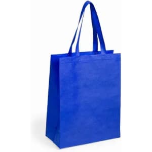 A blue tote bag with two handles, made from a sturdy material, featuring a simple design.