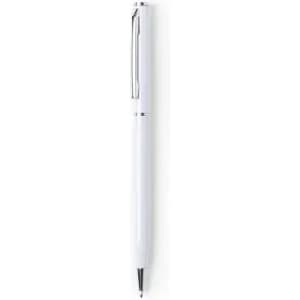 A white pen with a shiny chrome clip, featuring a sleek and minimalist design.
