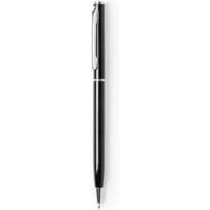 A black pen with a silver clip, featuring a sleek design and a branded logo.