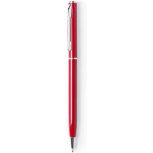 A red pen with a silver clip and trim, featuring a sleek design and a glossy finish.