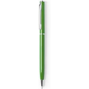 A green pen with a silver clip and a sleek design, standing upright against a plain background.