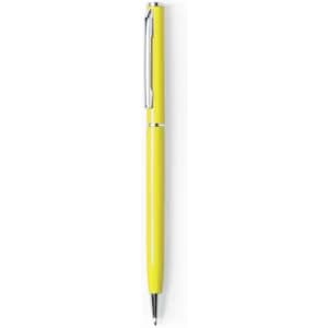 A yellow pen with a silver clip, featuring a sleek, modern design.
