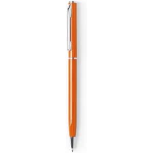 An orange pen with a silver clip and accent detailing, featuring a sleek design.