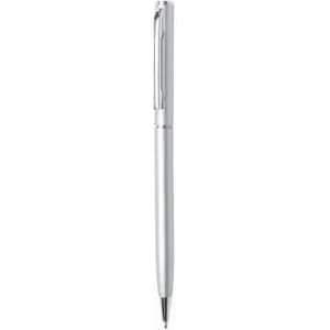 A pen with a sleek silver finish, featuring a clip for easy attachment.