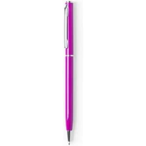 A pink pen with a silver clasp and clip, featuring a sleek design.