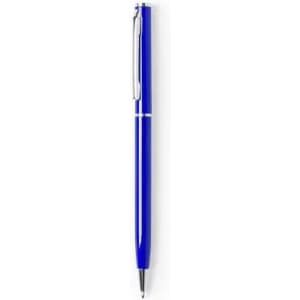 A blue pen with a silver clip and a sleek design, featuring a shiny finish.