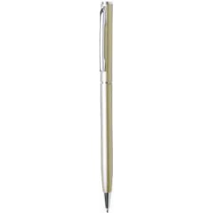 A pen with a silver barrel and chrome accents, featuring a classic design and a clip.