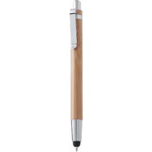 A pen with a bamboo barrel and silver accents, featuring a clip and a black tip for writing.