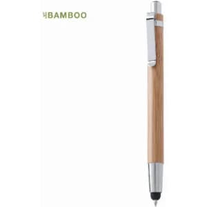 A bamboo pen with a silver clip and trim, featuring a natural wood finish. It has a sleek and modern design.