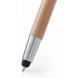 A pen featuring a bamboo body and a silver metal tip, with a black stylus on the end. It has a sleek design.