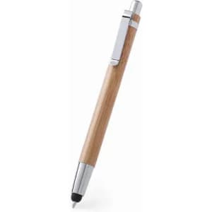 A pen with a wooden barrel and metallic accents, featuring a clip and a stylus tip.