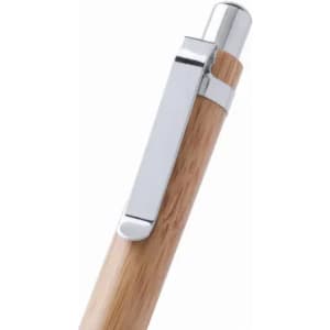 A stylish pen with a wooden barrel and a shiny silver clip. It has a sleek, modern design.