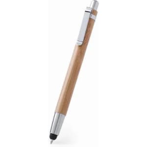 A pen with a wooden body and silver accents. It features a clip and a retractable point.