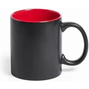 A drink bottle featuring a black exterior and a red interior, with a handle and a branding logo.
