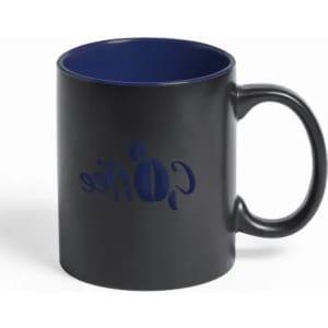 A drink mug in black with a blue interior and a logo on the side.