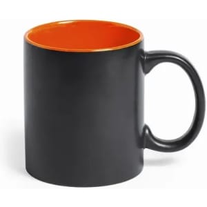 A drink bottle featuring a glossy black exterior and a vibrant orange interior, with a handle and logo.