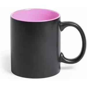 A drink bottle featuring a black exterior and a pink interior, with a handle and a logo.