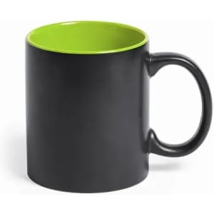 A drink bottle featuring a black exterior with a bright green interior and a curved handle. It has a logo.