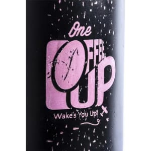 A drink bottle in black with a pink logo featuring coffee-related text and a branding logo.