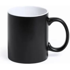 A drink bottle with a glossy black exterior and a white interior, featuring a curved handle.