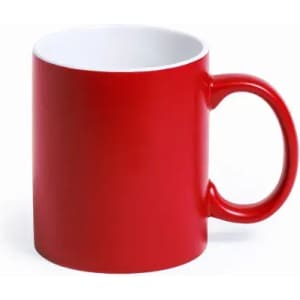 A red mug with a white interior and a single handle. It features a smooth, glossy finish.