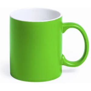 A green mug with a white interior and a comfortable handle. It features a smooth, glossy finish.
