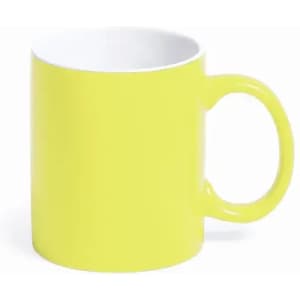 A drink bottle in bright yellow with a white interior and a handle, featuring a branding logo.