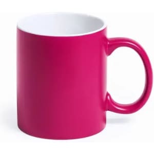 A drink mug in vibrant pink with a white interior and a comfortable handle. Features a branding logo.