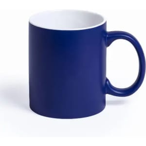 A drink bottle featuring a solid blue exterior and a white interior, with a rounded handle.
