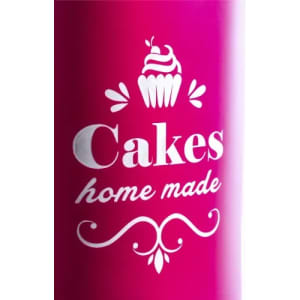 A drink bottle in vibrant pink featuring a decorative cupcake design and the words "Cakes home made".