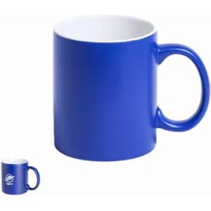 A blue mug with a white interior and a handle, featuring a logo on one side.