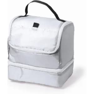 A grey insulated lunch bag with a top handle and a mesh side pocket. Features a zip closure and soft edges.