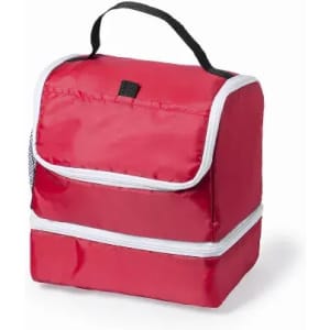 A red insulated lunch bag with a white zipper and a handle on top, featuring a side mesh pocket.