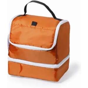 An insulated lunch bag in vibrant orange with a zippered compartment and a carry handle.