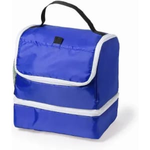 A blue insulated lunch bag with a handle and zippered compartments. It has a sleek design and is ideal for food storage.
