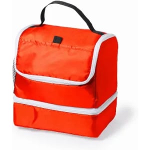 A lunch bag in bright red with white zippers and a black handle, featuring a compartment for food storage.