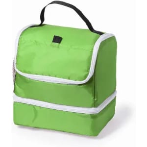 A green insulated lunch bag with a zip closure and a handle. It has a front pocket and a simple design.