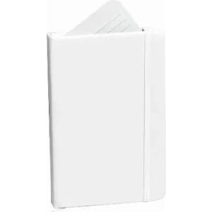 A notebook with a white cover featuring a stretchy band closure and visible lined pages inside.