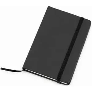 A black notebook with an elastic band closure and a ribbon marker, featuring a smooth surface and simple design.