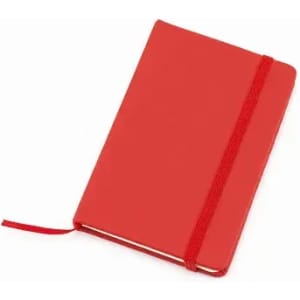 A red notebook with a strap closure, featuring a ribbon bookmark. It has a simple design and a solid colour.