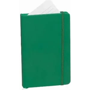 A green notebook with an elastic band closure and a few sheets of lined paper protruding from the top.