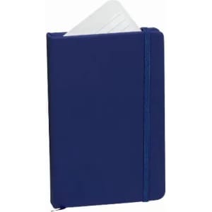 A blue notebook with a flexible cover, featuring an elastic band and visible pages at the top.