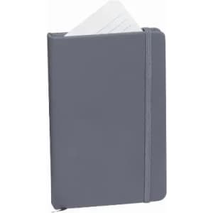 A grey notebook with a flexible cover and an elastic band, featuring white blank pages peeking out.