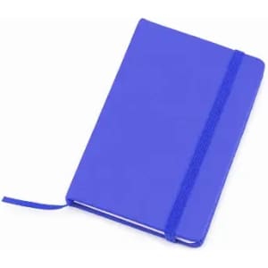 A purple notebook with a cover and an elastic band, featuring a ribbon bookmark.