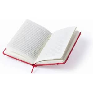 A red notebook with lined pages, partially opened, displaying a ribbon bookmark inside.