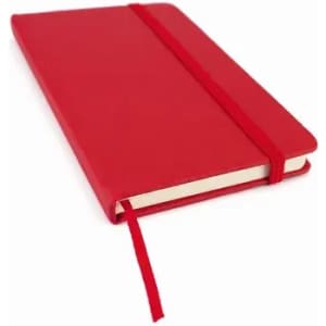 A red notebook with a textured cover, featuring an elastic band and a ribbon bookmark.